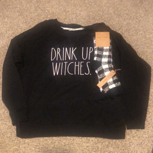 Rae Dunn Tops - NWT Rae Dunn Black Brushed Sweatshirt "Drink Up Witches" & Matching Fuzzy Socks
